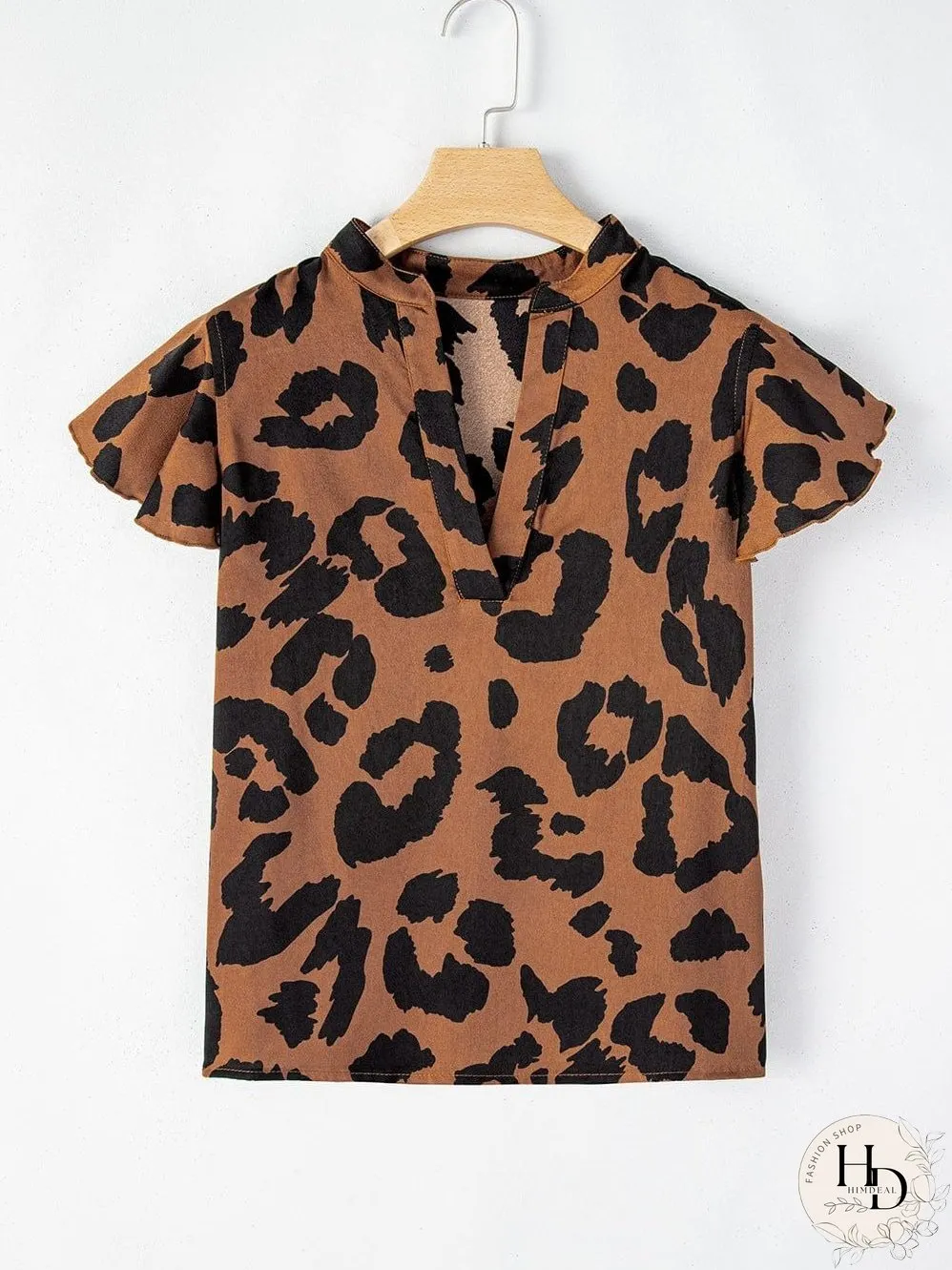 Leopard Print Split Neck Ruffle Sleeve Brown Blouse