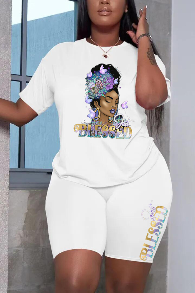 Plus Size Black African Casual Letter Pattern Print Short Sleeve Short Set