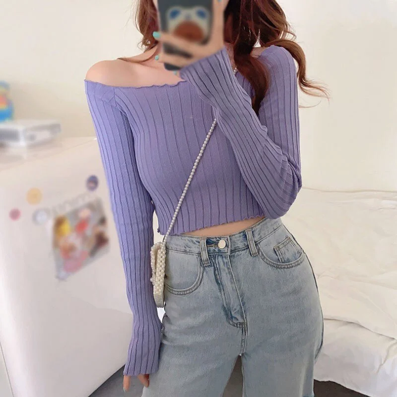 Off shoulder knitting crop tops women sweaters long sleeve stretched ruffles hem tee Tops Women summer solid crop tees