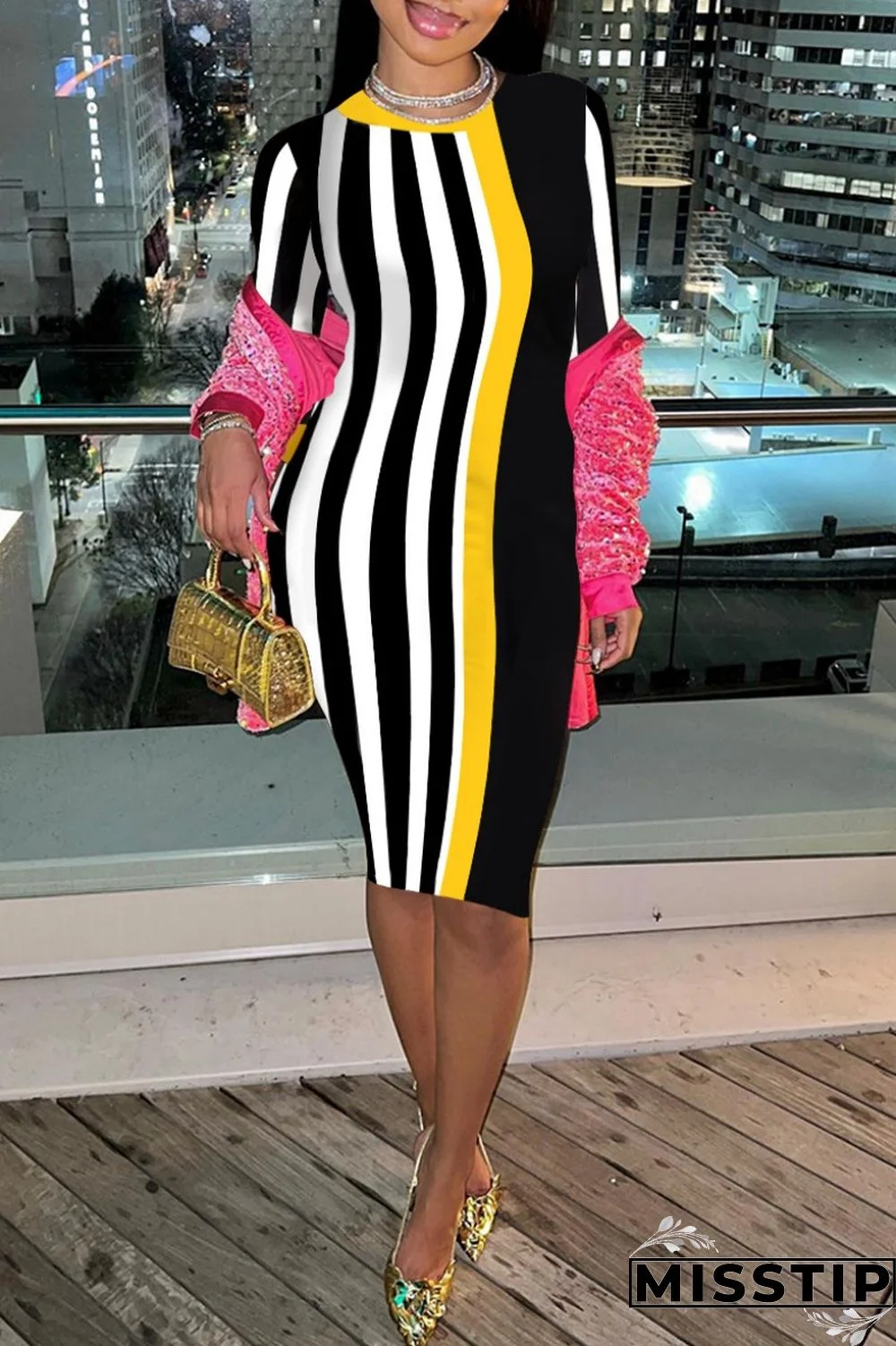 Black Casual Striped Print Patchwork O Neck Dresses