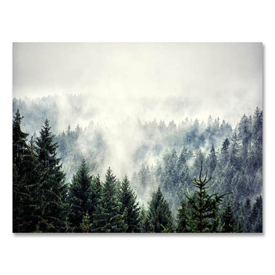 Nordic Fog Forest Deer Animal Canvas Wall Art Print Painting Mountain Lake Landscape Poster Nature Decorative Picture Home
