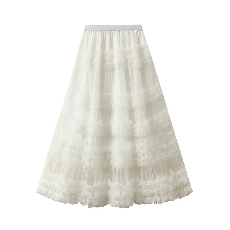 Nigikala Nigikala Heavy Industry Lace Cake Skirt Long Skirt Sweet Wind High Waist Wood Ear Net Yarn Skirt 1276