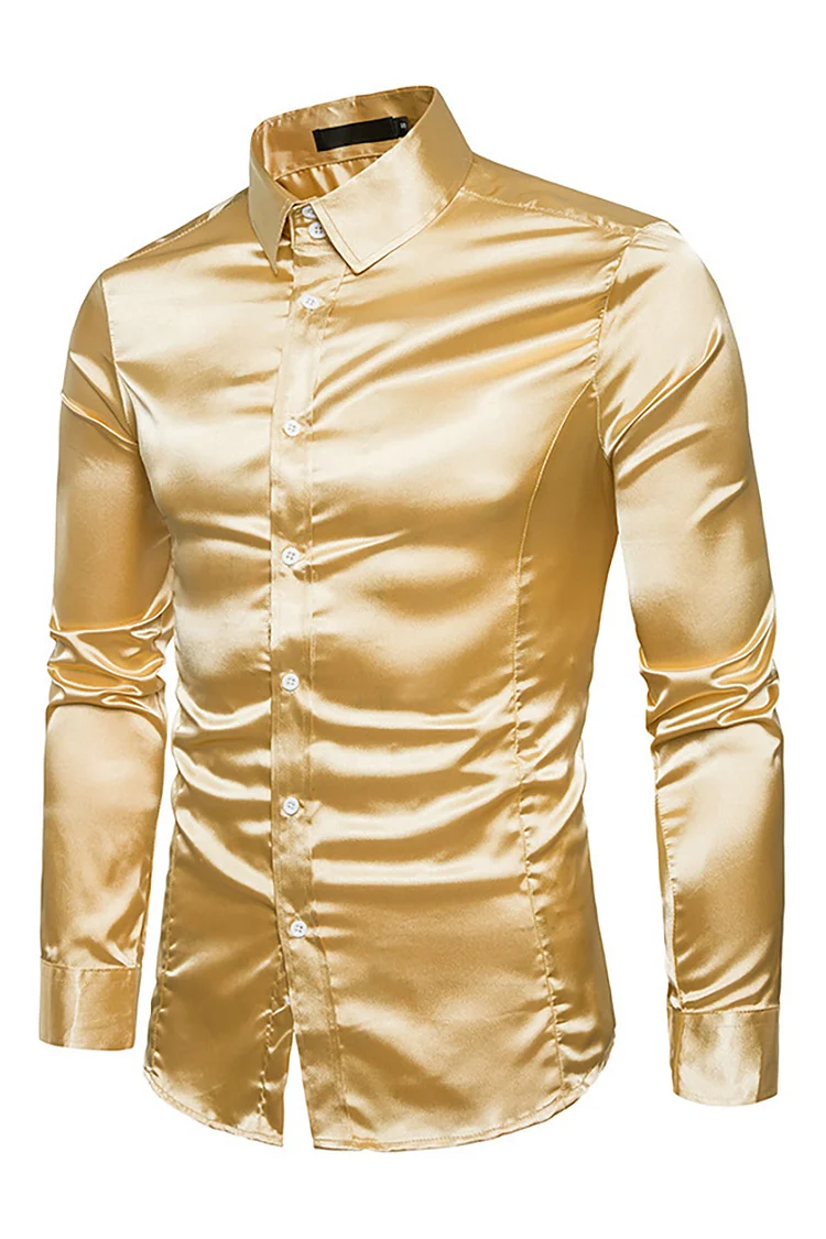 Satin Turndown Collar Slim Fit Semi Formal Long Sleeve Button Shirt