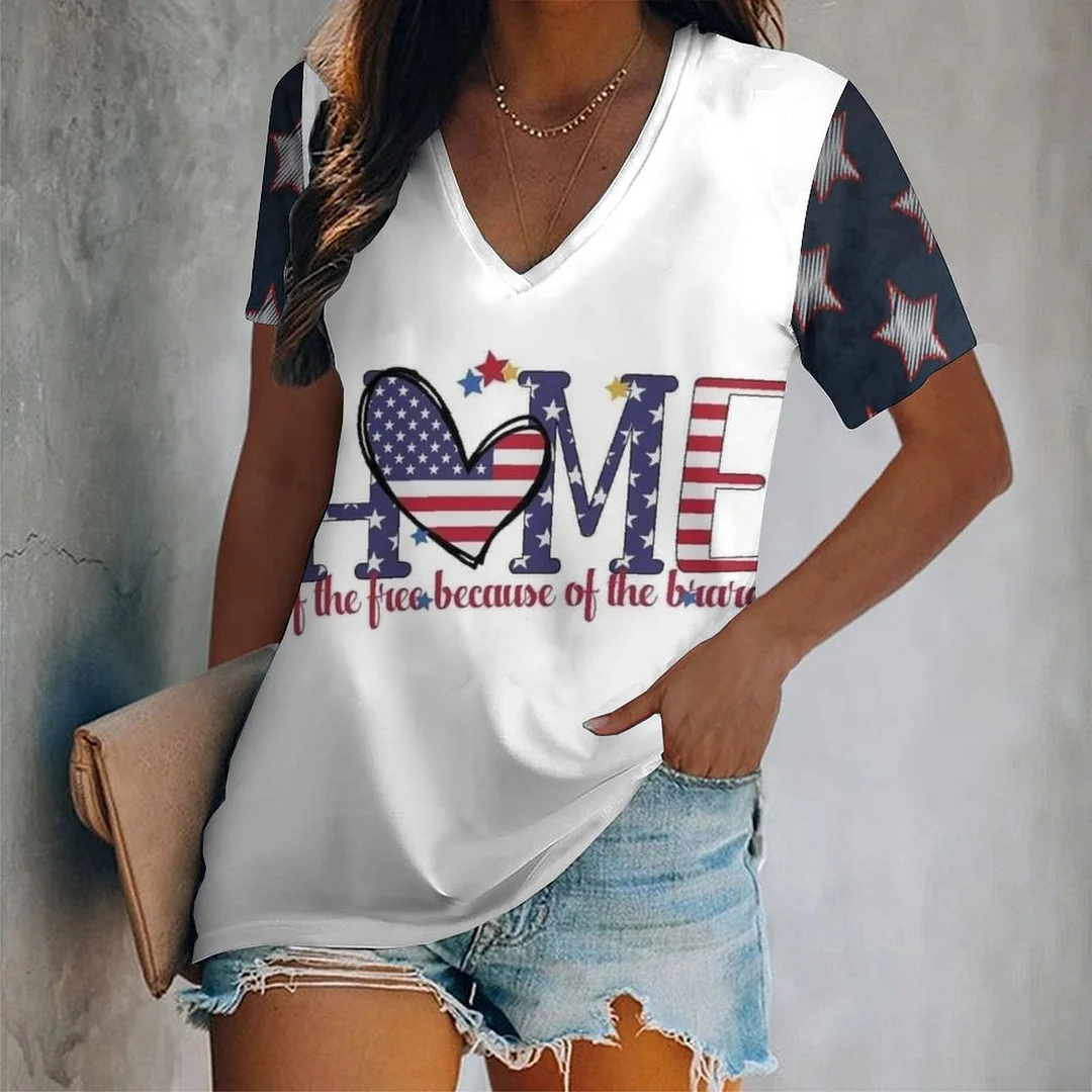 V-neck Short Sleeve Casual T-shirt for  Women Printed with Pattern USA, Independence Day, Star, Striped, Blue, Red