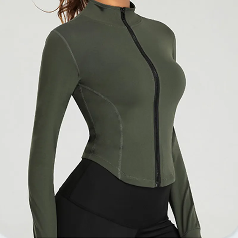 Churchf Churchf Standing Collar Slim Sports Running Fitness Clothes Zipper Elastic Tight Finger Set Long Sleeve Yoga Coat