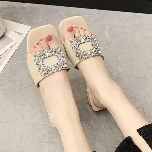 Zhungei heel Med Shoes Woman 2024 Glitter Slides Slippers Summer Fashion Pantofle Block Jelly Luxury New Rubber Crystal Hoof Heel