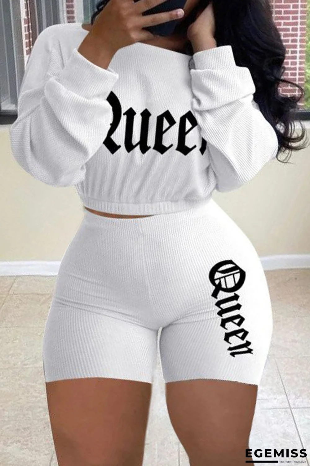 White Fashion Casual Print Basic O Neck Long Sleeve Two Pieces | EGEMISS