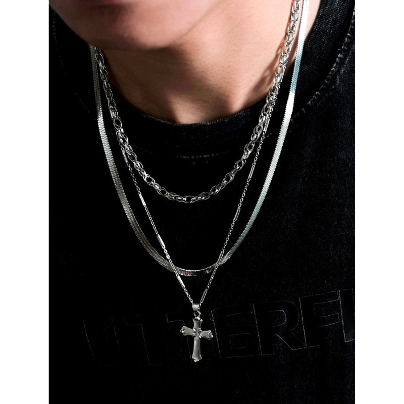 Hip-Hop Cross Iron Zinc Alloy Men's Three Layer Necklace