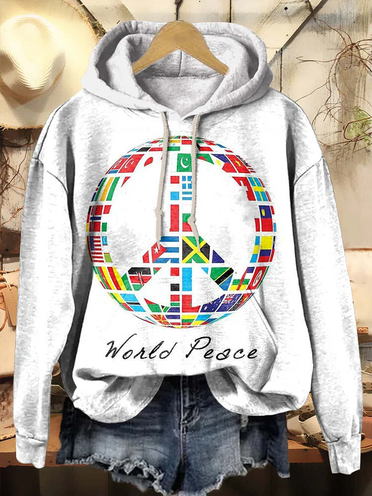 Colorful National Flag Peace Sign Print Casual Hoodie Sweatshirt