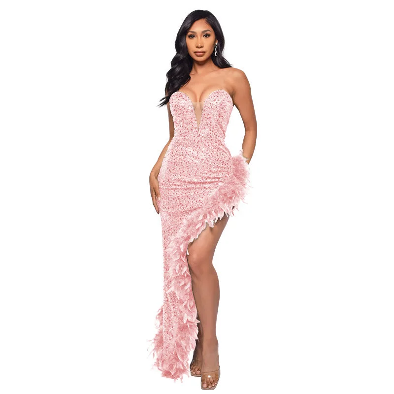 Uveng Tube Backless Sequined Feather Dress Dresses