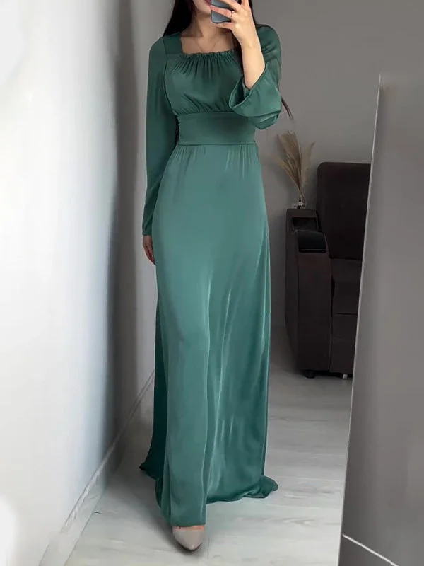 Style & Comfort for Mature Women Women's Long Sleeve Square Collar Solid Color Maxi Dress