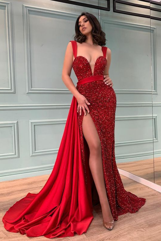 Red Starps Beadings Mermaid Slit Prom Dress With Ruffles - lulusllly