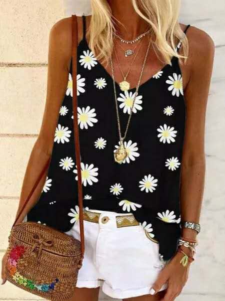 Vintage Sleeveless Daisies Printed Plus Size Casual Vest Tops