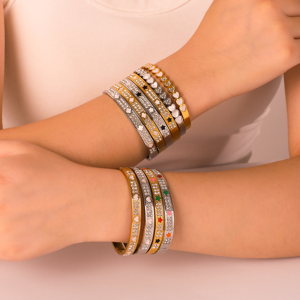 IG Style Pentagram Heart Tennis / Diamond Line Stainless Steel Electroplating Bangles