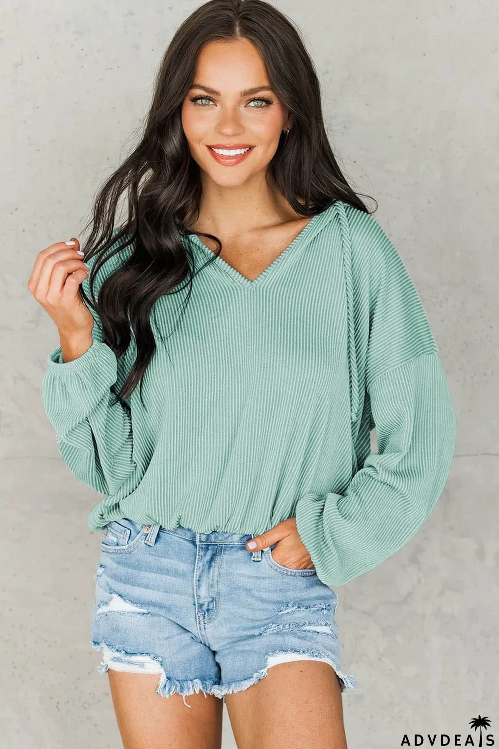 Green Loose Fit Ribbed V Neck Hoodie