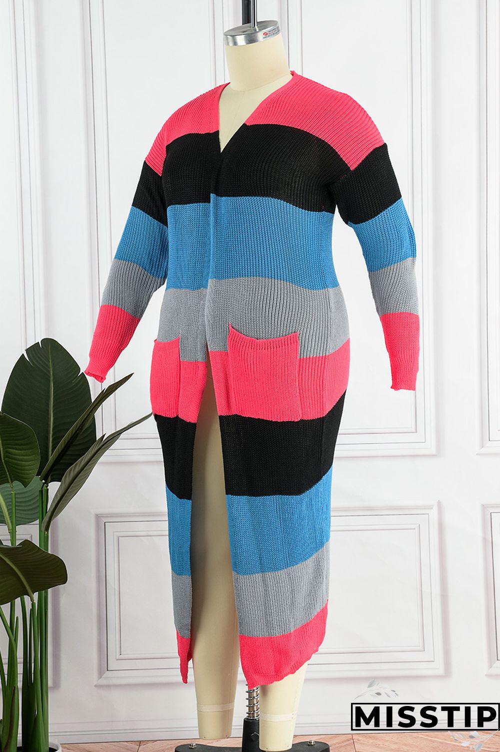 Blue Plus Size Daily Striped Cardigan