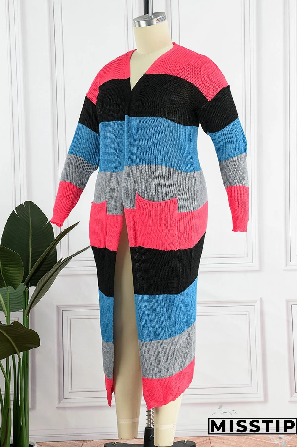 Blue Plus Size Daily Striped Cardigan