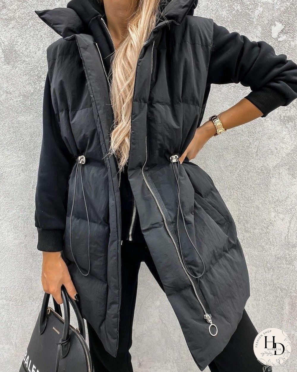 Drawstring Waist Zip Up Gilet Puffer Jacket