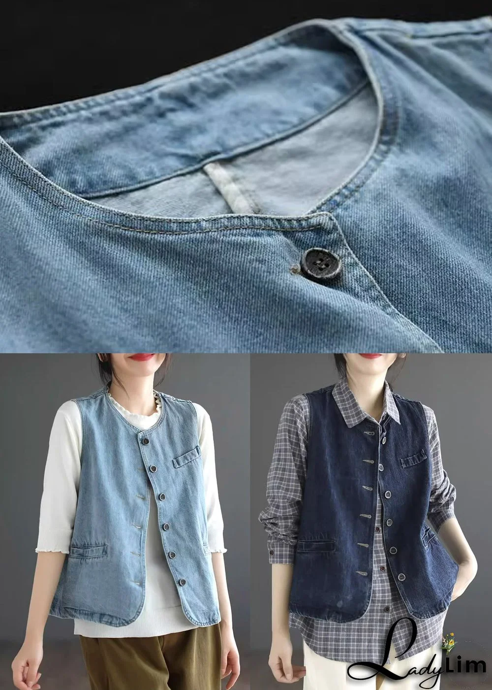 Light Blue Patchwork Denim Waistcoat Fall