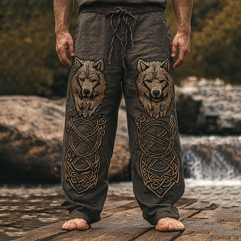 Men's Vintage Viking Wolf Linen Blend Wide Leg Pants / Rvogue / Rvogue