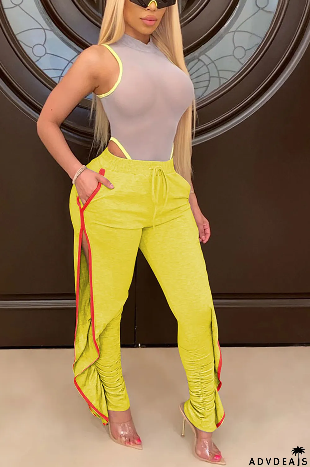 Grey Black Grey Blue Green Yellow Cotton Drawstring Sleeveless Mid Patchwork Solid Split Draped Straight Pants Bottoms