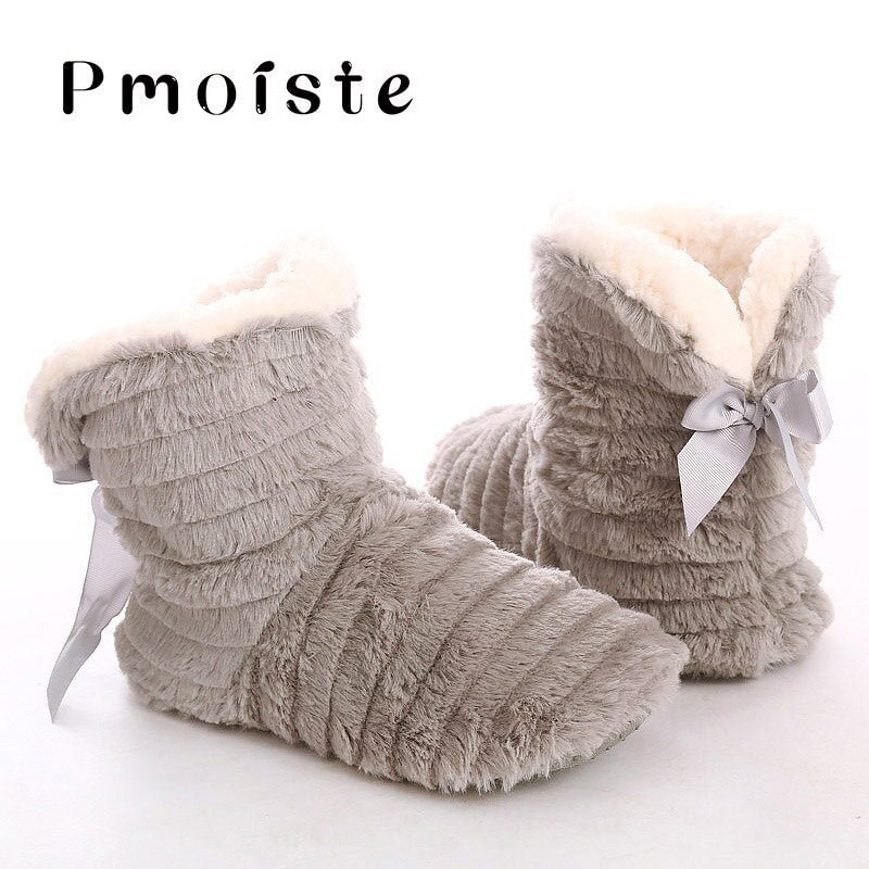 Butterfly Knot Fur Slippers Women Winter Plush Warm Flat with Soft Home Shoes For Girl Solid Indoor Slippers 6 Colors