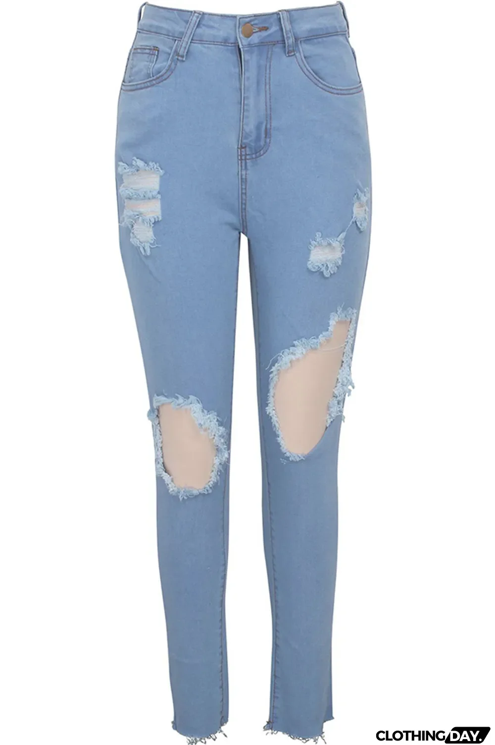 Blue Denim Button Fly Zipper Fly High Zippered Pocket washing Hole pencil Pants Pants