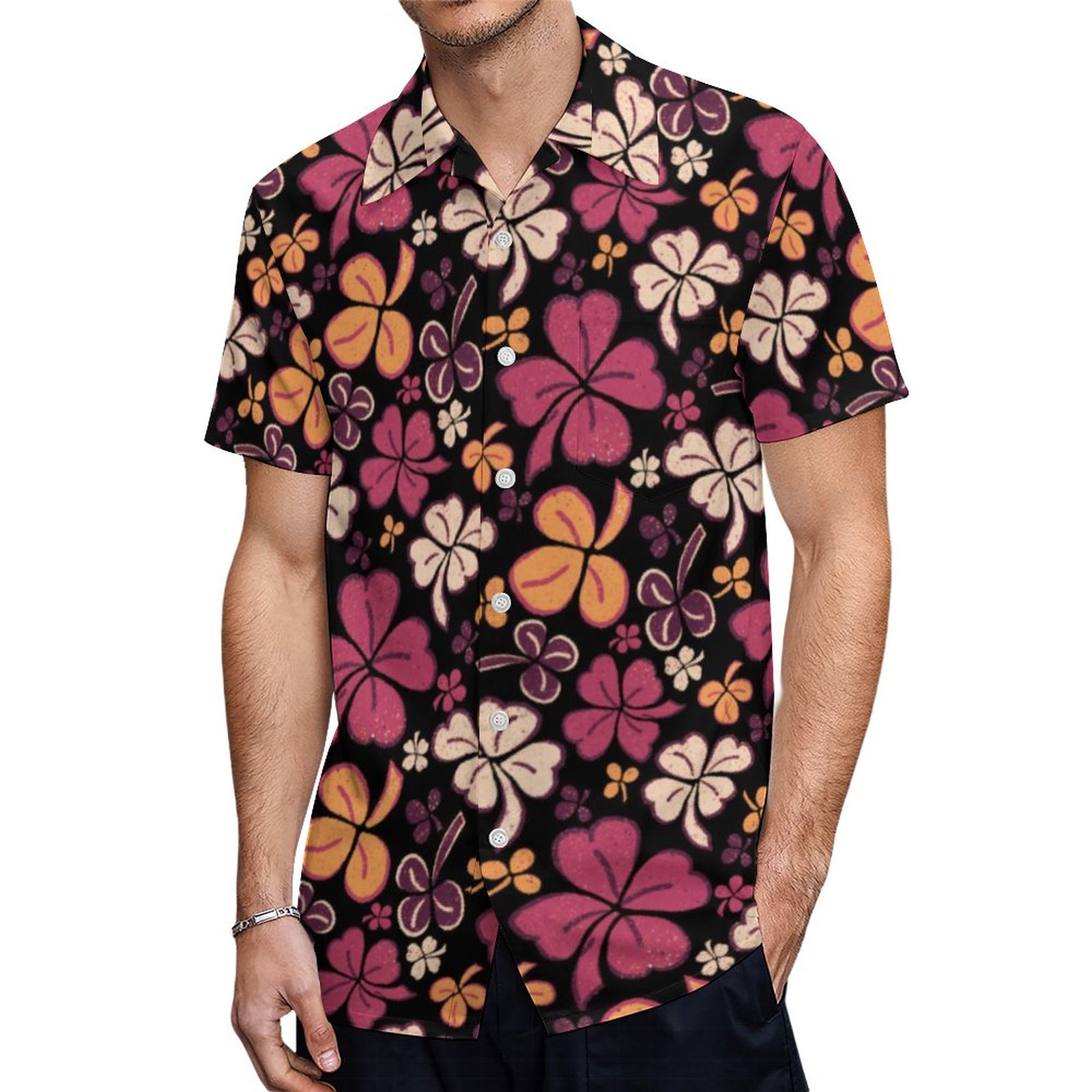 Lucky Clover Shamrock Red Pattern St Patrick S Day Hawaiian Shirt Mens Button Down Tropical Hawaii Beach Shirts