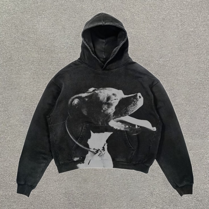 Retro Street Dog Print Washed Hoodie