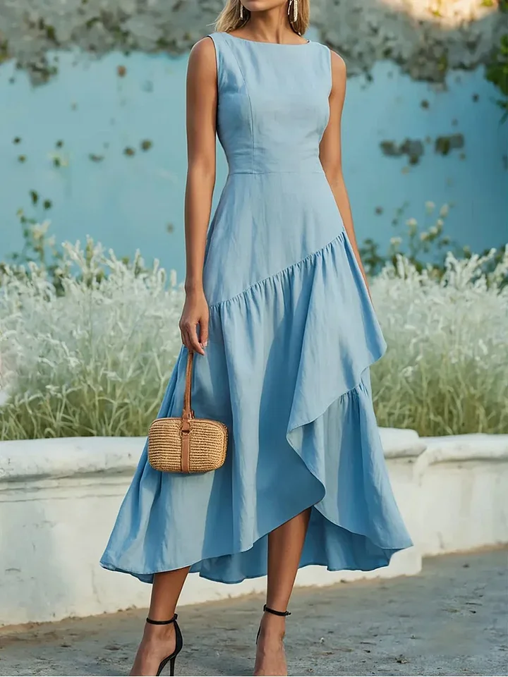 Women's Sleeveless Linen And Cotton Ruffle Hem Dress
