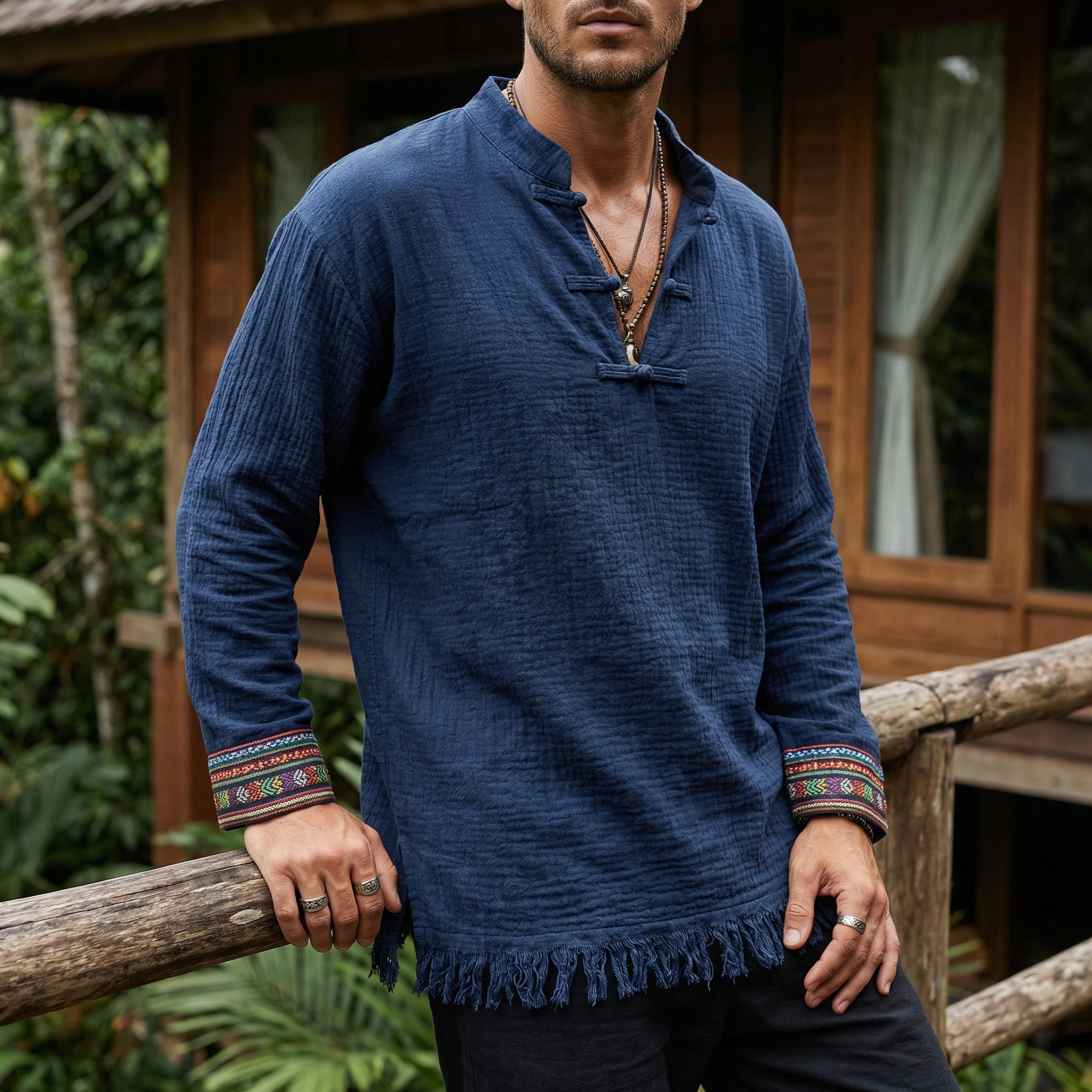 Cotton Linen Men's Drape Tunic with Fringe Hem - Boho Style Long Sleeve Loose Shirt for Beach and Casual Wear