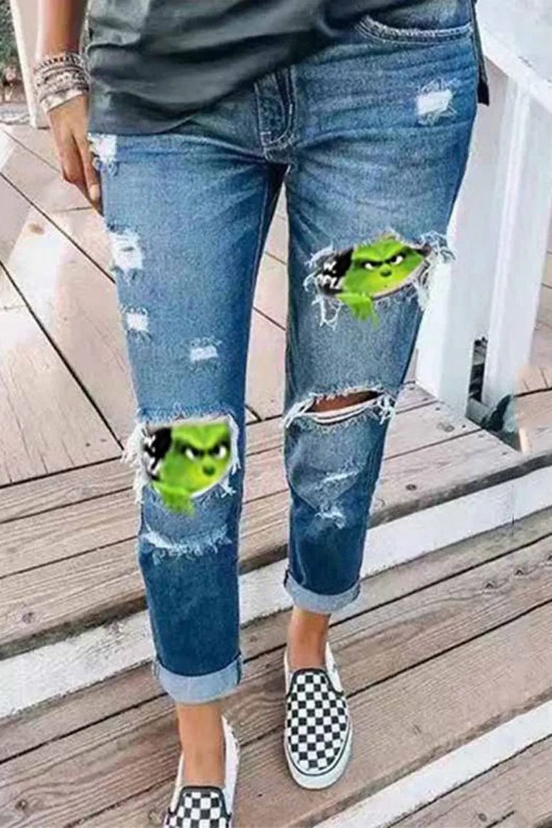 Denim Cartoon Patchwork Ripped Pants