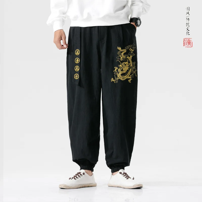 2025 Men Chinese Style Embroidery Dragon Kung Fu Harem Pants Man Japanese Fashion Sports Casual Trousers Dance Streetwear Pants