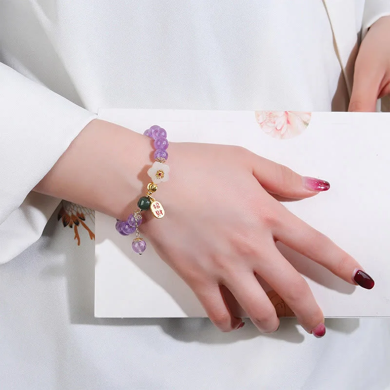Natural Amethyst Cherry Blossom Healing Fortune Blessing Charm Bracelet