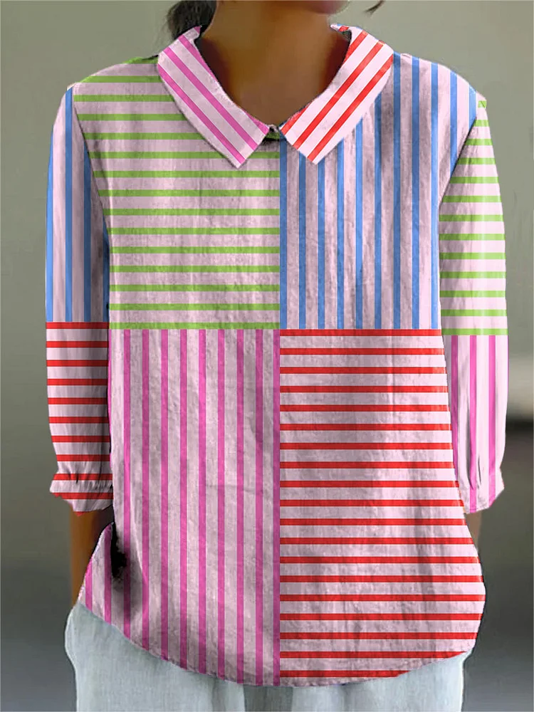 Multicolor Geometric Strip Pattern Printed Women's Casual Cotton And Linen 3/4 Sleeve Shirt