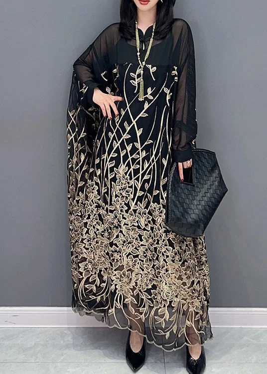 Classy Black Stand Collar Embroideried Button Tulle Maxi Dress Long Sleeve