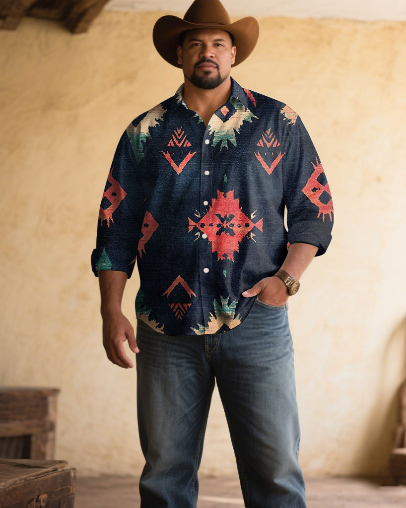 Men's Plus Size Retro Western Denim Classic Royal Blue Long Sleeve Shirt