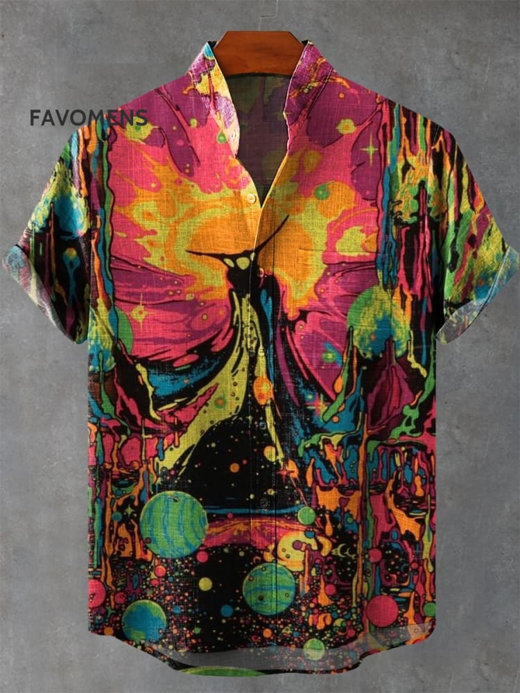 Vintage Peak Explosion Planet Comic Print Casual 100% Cotton Shirt Multicolor / S