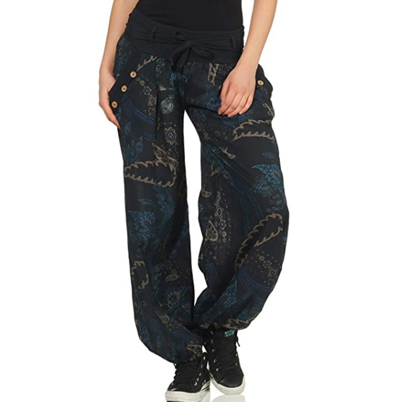 Women's Comfortable and Fashionable Harlan Casual Pants Loose Print Long Pocket Belt Wide Leg Pants