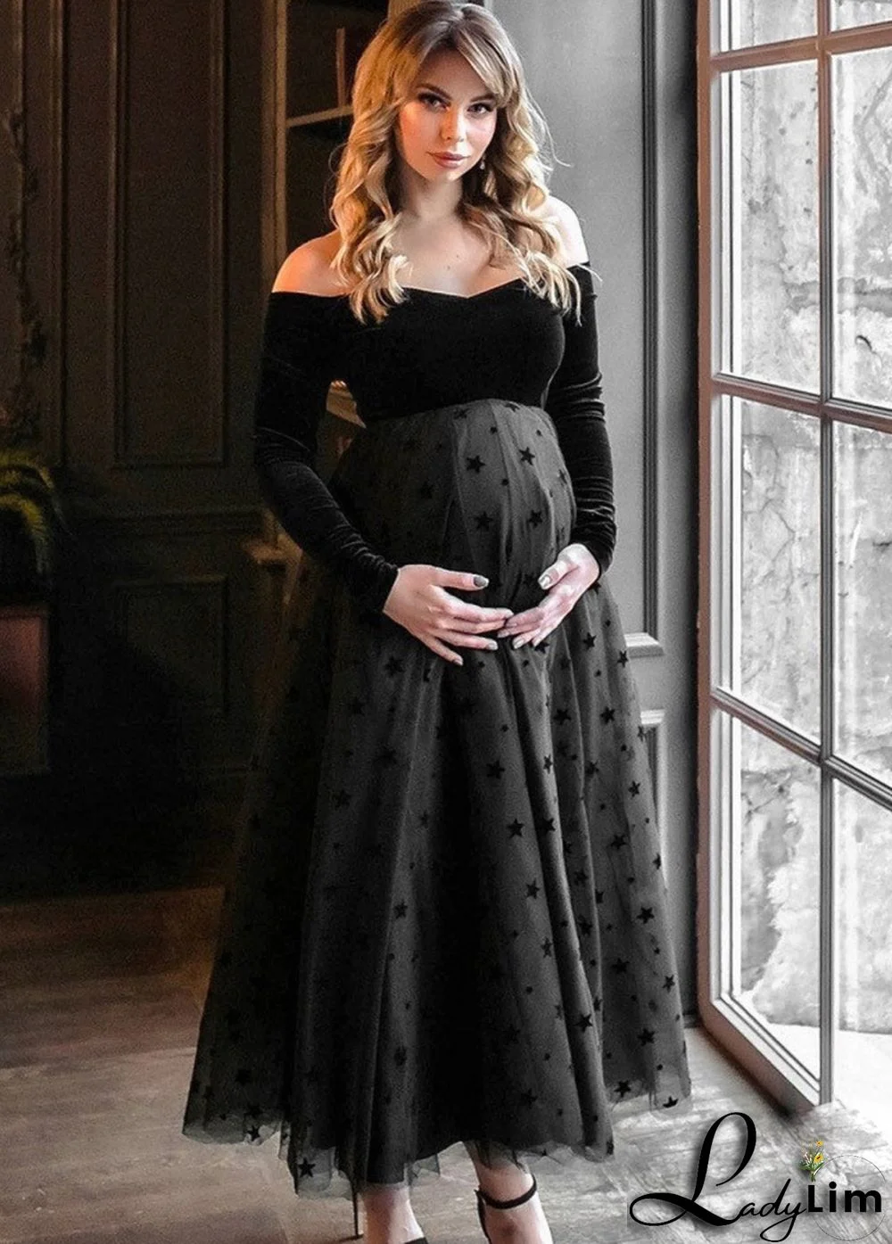 Fall Elegant Black Off Shoulder Mesh Maternity Party Dress