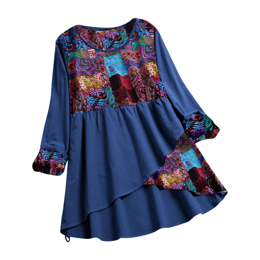 Women Vintage Ethnic Floral Print Patchwork Casual Tops