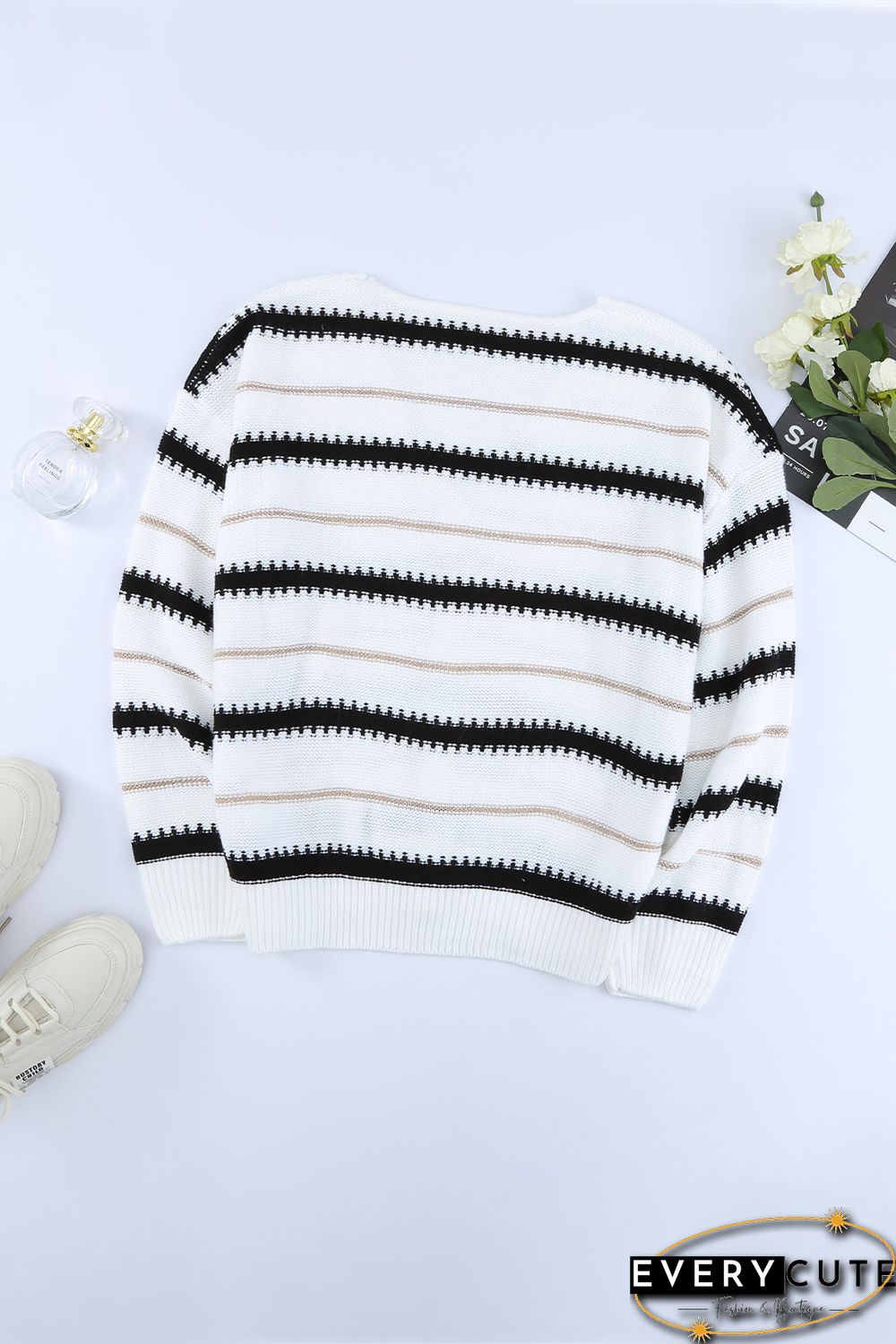 White V Neck Stripes Colorblock Button Cardigan