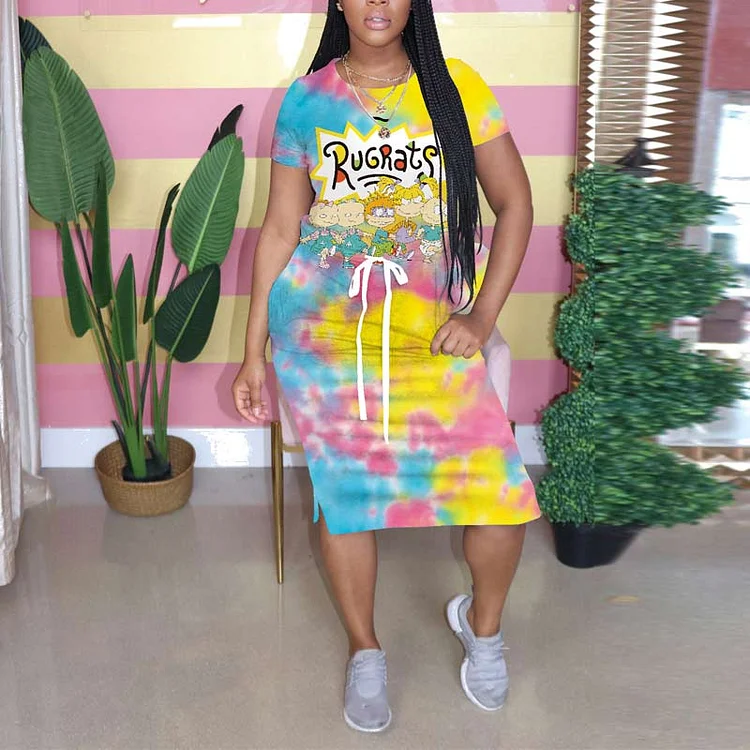 Tie Dye Print Cartoon Pattern Short Sleeve Dress - IRBOOM Fashion Clothing