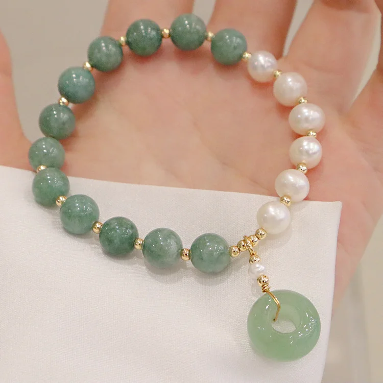 Burmese Jade Beaded Freshwater Pearl Bracelet KERENTILA