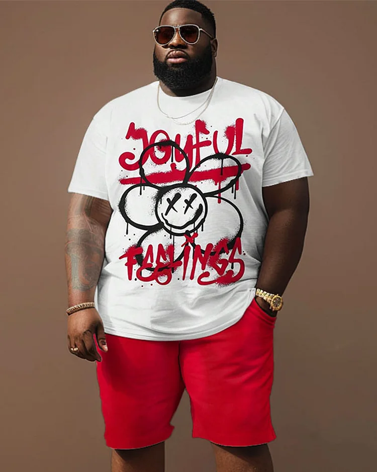 Men's Plus Size Street Casual Graffiti Flower Letter Print T-Shirt Shorts Suit