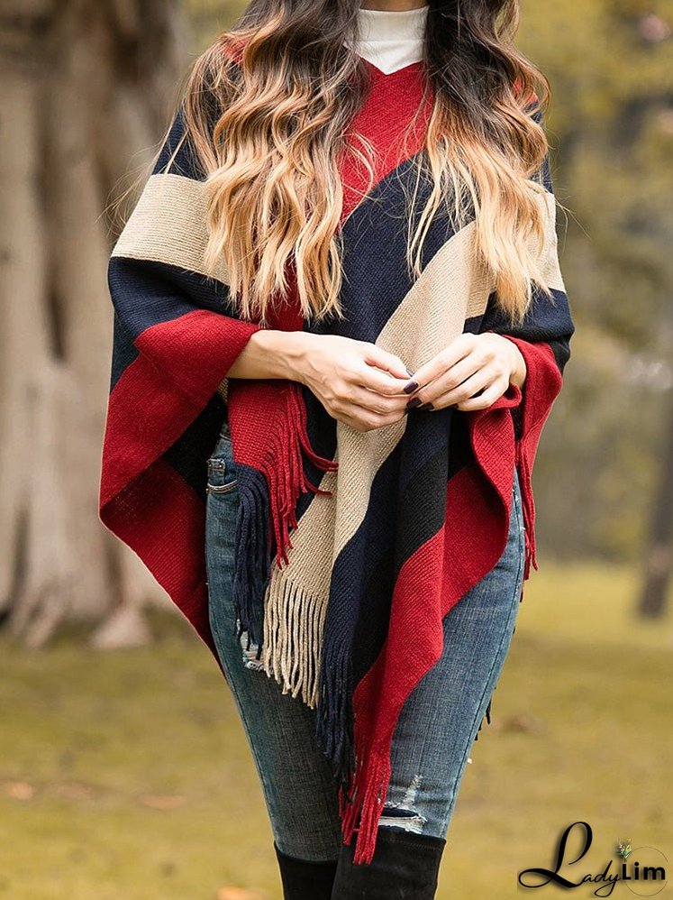 Knitted Striped Tassel Poncho