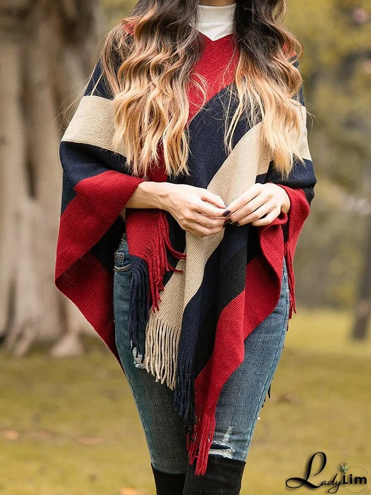 Knitted Striped Tassel Poncho