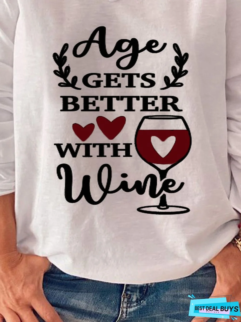 Age Gets Better With Wine Letters Printed Long Sleeve V Neck Casual Tunic Top