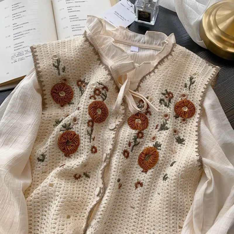 Women's Fashion Embroidered Vintage Knitted Crochet Hollow Sweater Vest Top
