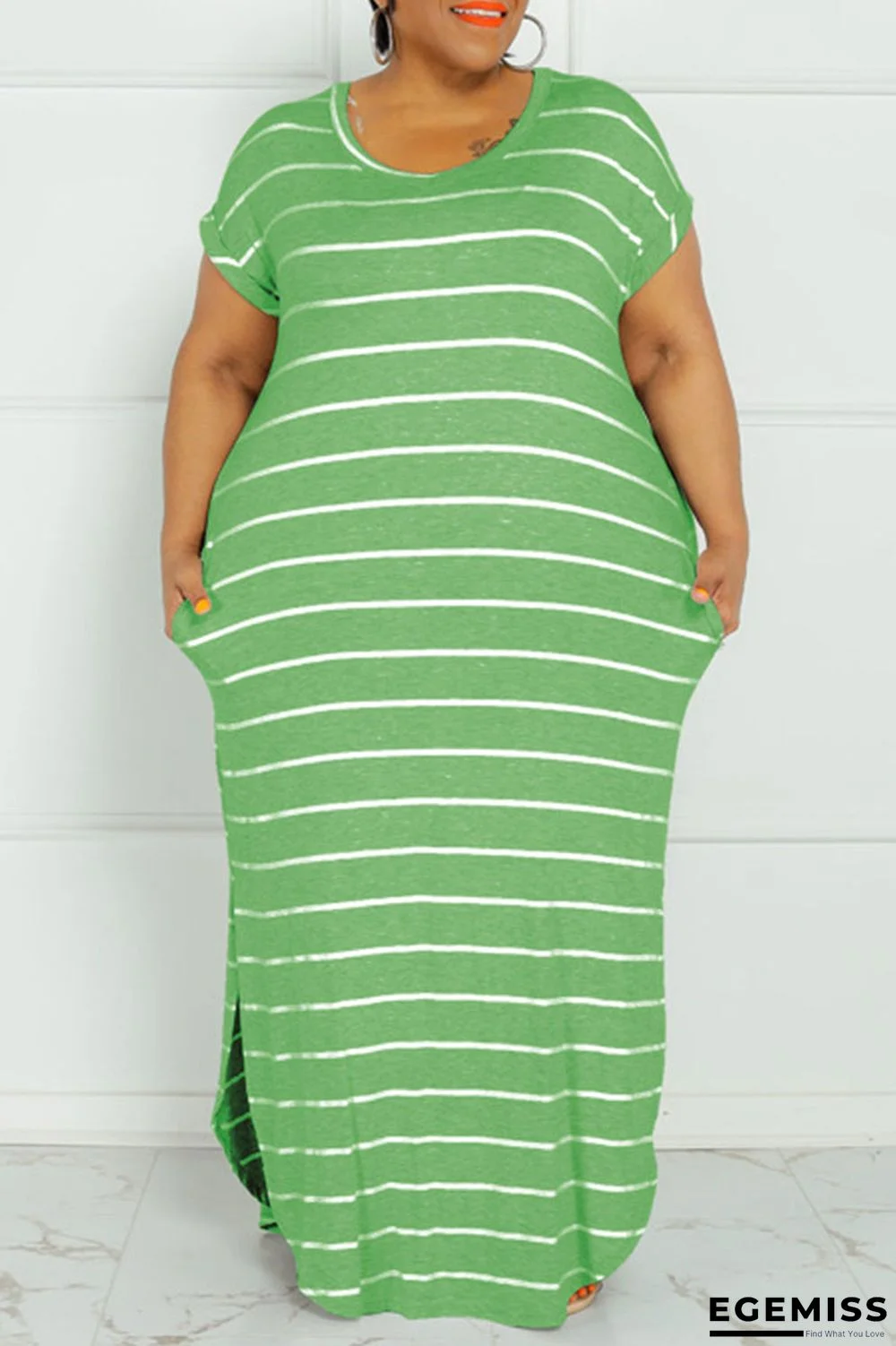Green Fashion Casual Plus Size Striped Print Basic O Neck Short Sleeve Dress | EGEMISS